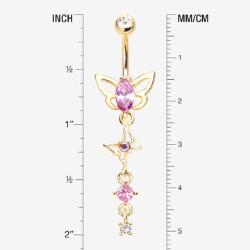 Detail View 1 of Golden Butterfly Elegance Sparkle Dangle Belly Button Ring-Clear Gem/Pink